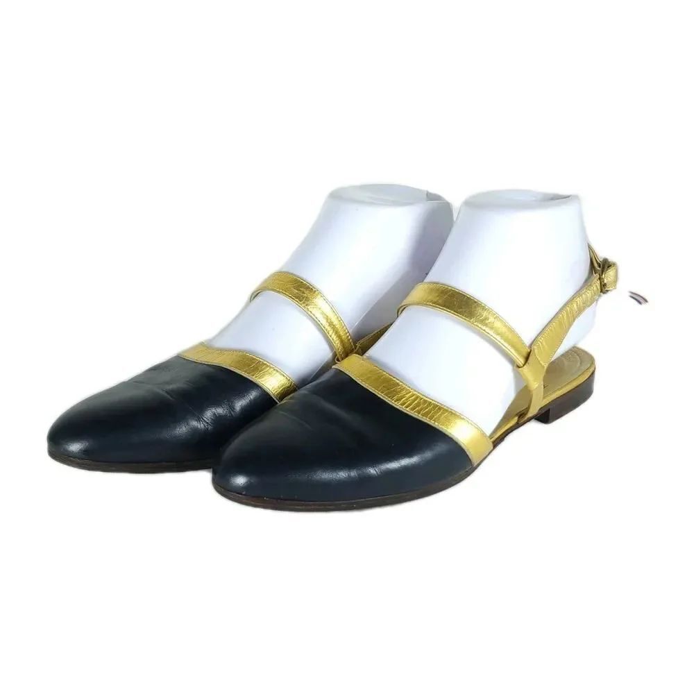 Ralph Lauren Women's Vtg US 7D Black Gold Leather Slingback Flats Sandals Shoes